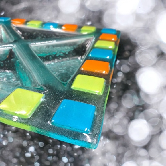 1980s Vintage Heavy Bubble Glass Serving Platter. Colourful Glass Mosaic Squares - Picture 3 of 6